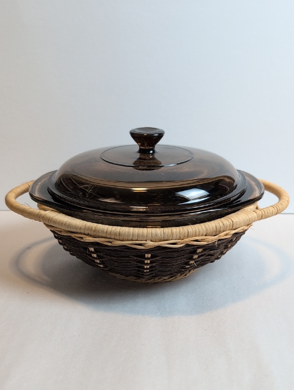 Vintage Pyrex Visions Amber Glass Covered Casserole with Woven Basket Carrier